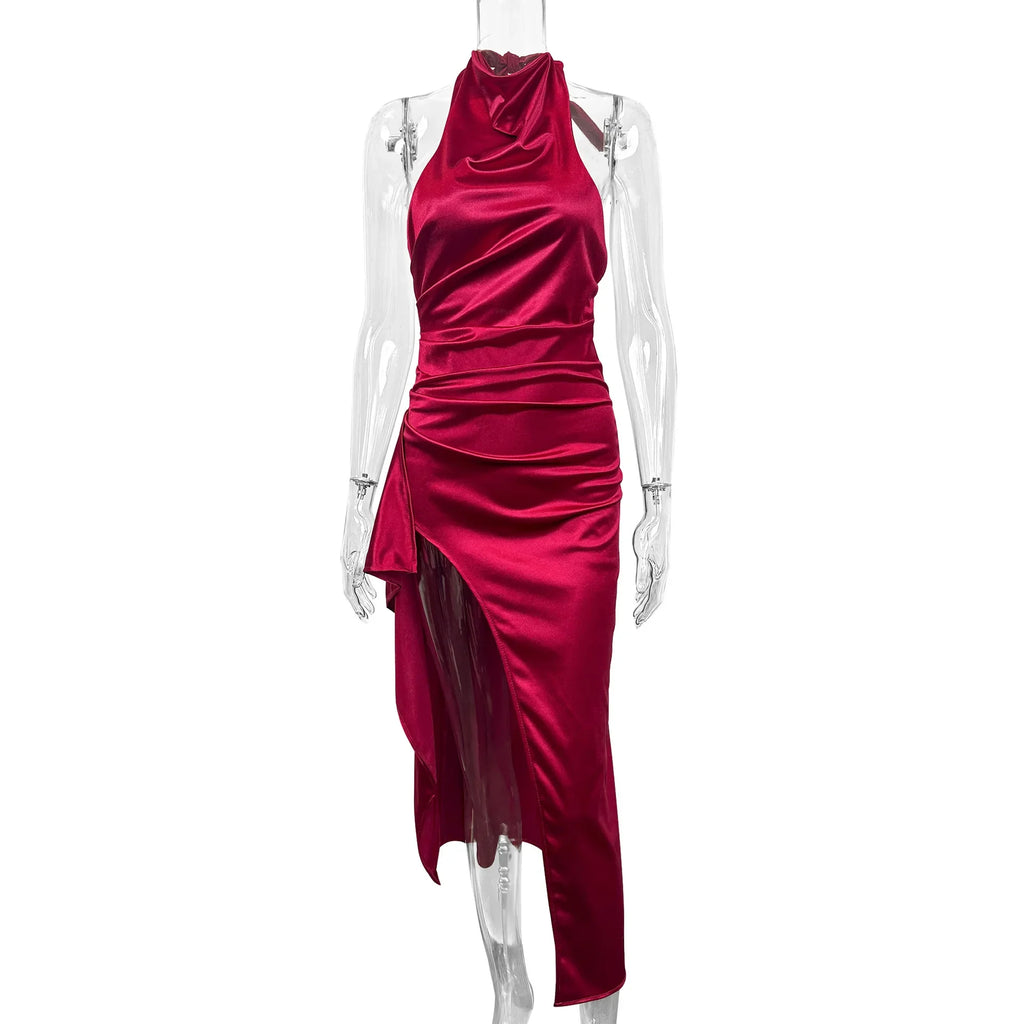 Ruched Backless Bodycon Maxi Dress – Round Neck Sexy Split Long Dress