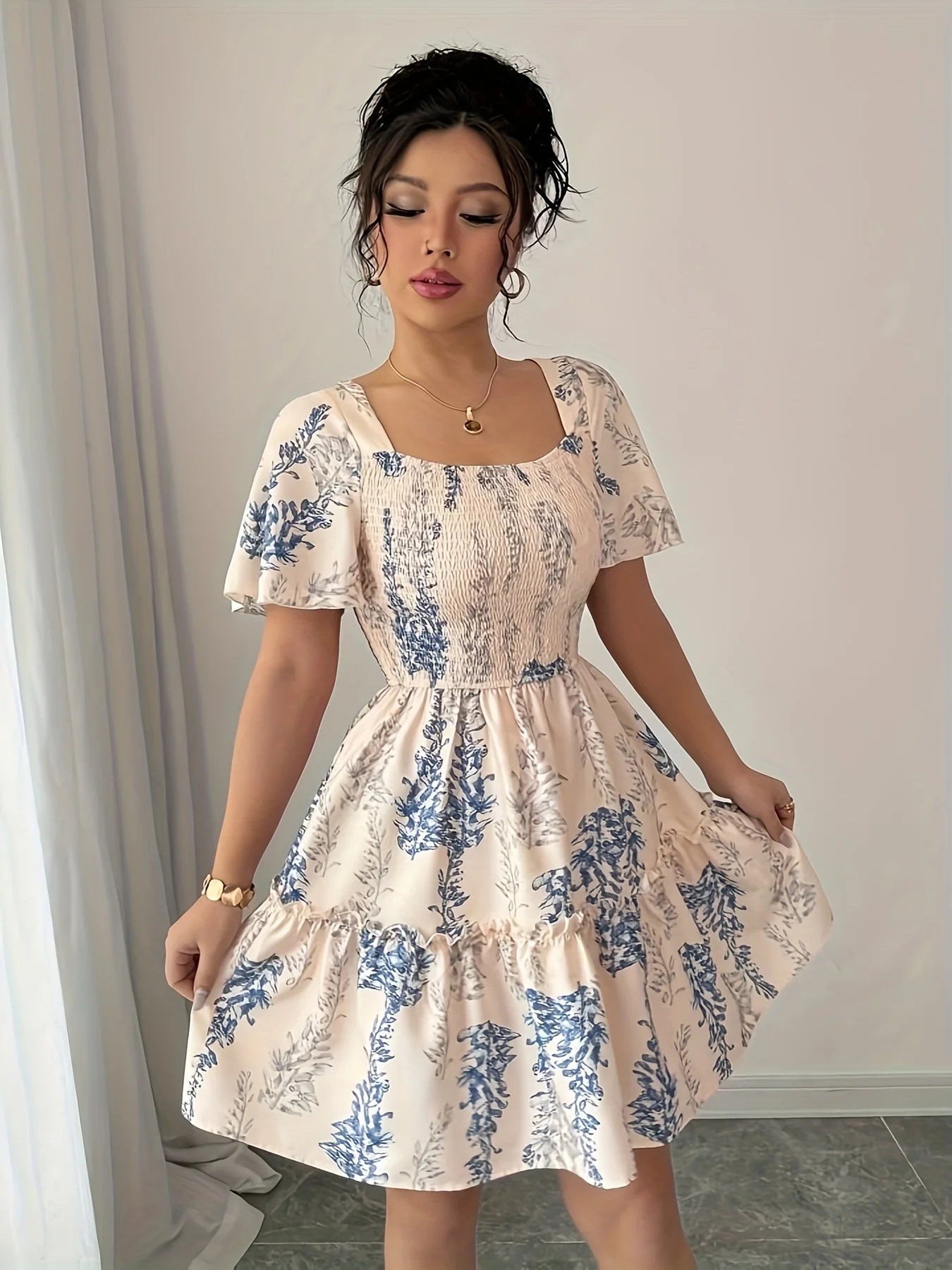 Elegant Lady Square Collar Short Sleeve Maxi Skirt Summer Holiday Date Mini Dress Women's Fashion Casual Dresses