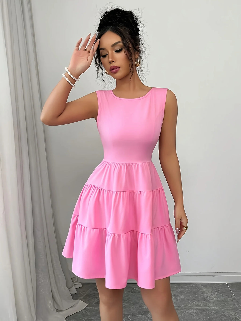 Elegant Sleeveless Midi Dress – Pearl Chain & Butterfly Knot Waist-Cinching