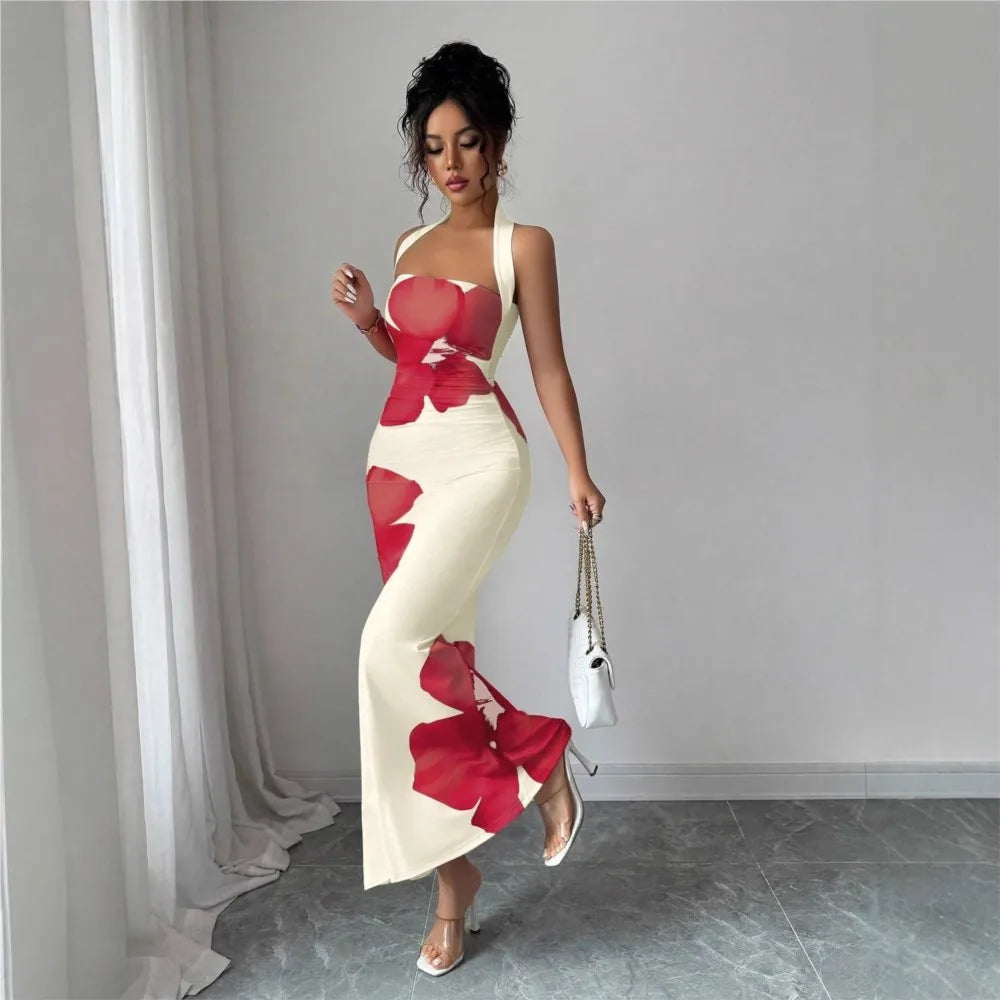 Halter Neck Printed Bodycon Dress – Sexy French Style Wedding Guest Midi Dress