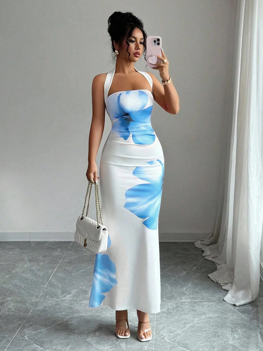 Halter Neck Printed Bodycon Dress – Sexy French Style Wedding Guest Midi Dress