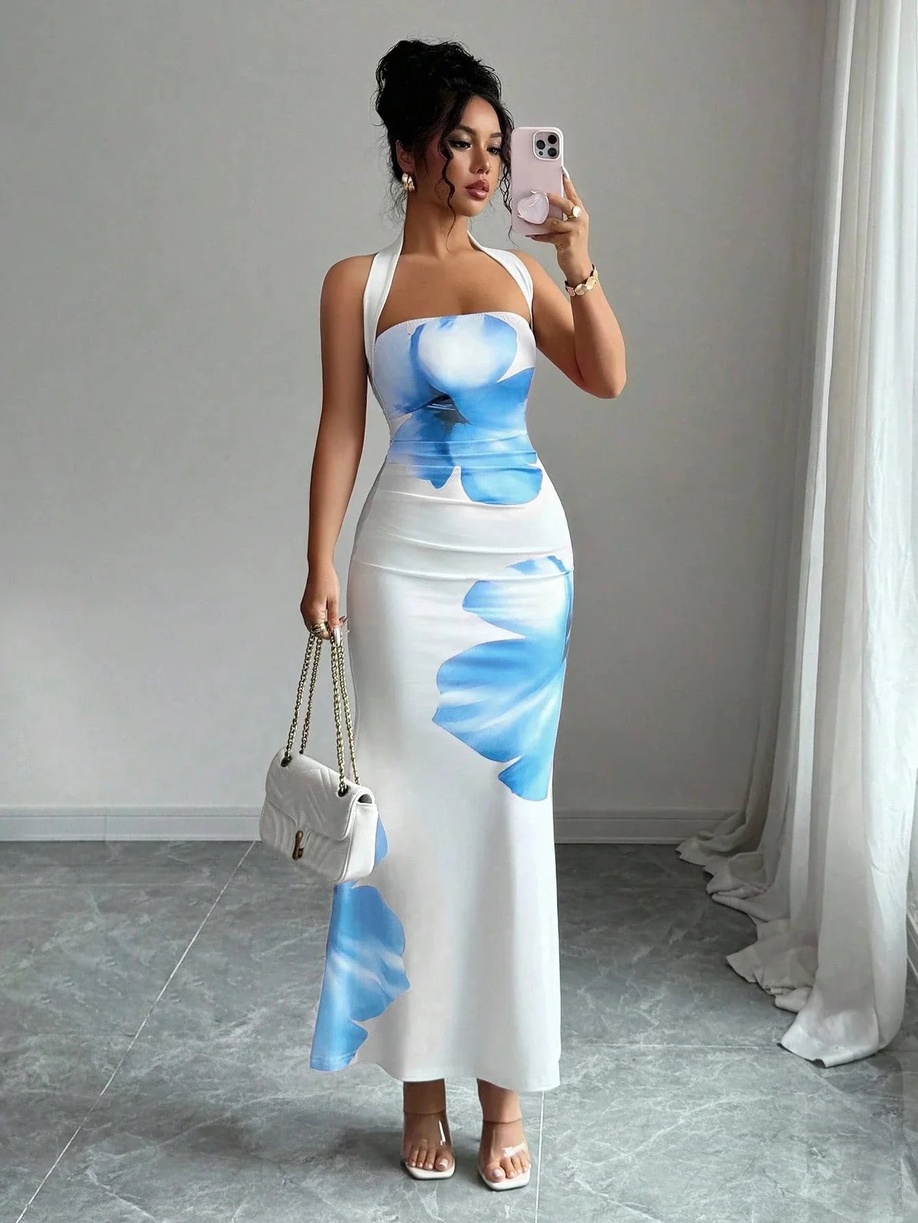 Halter Neck Printed Bodycon Dress – Sexy French Style Wedding Guest Midi Dress
