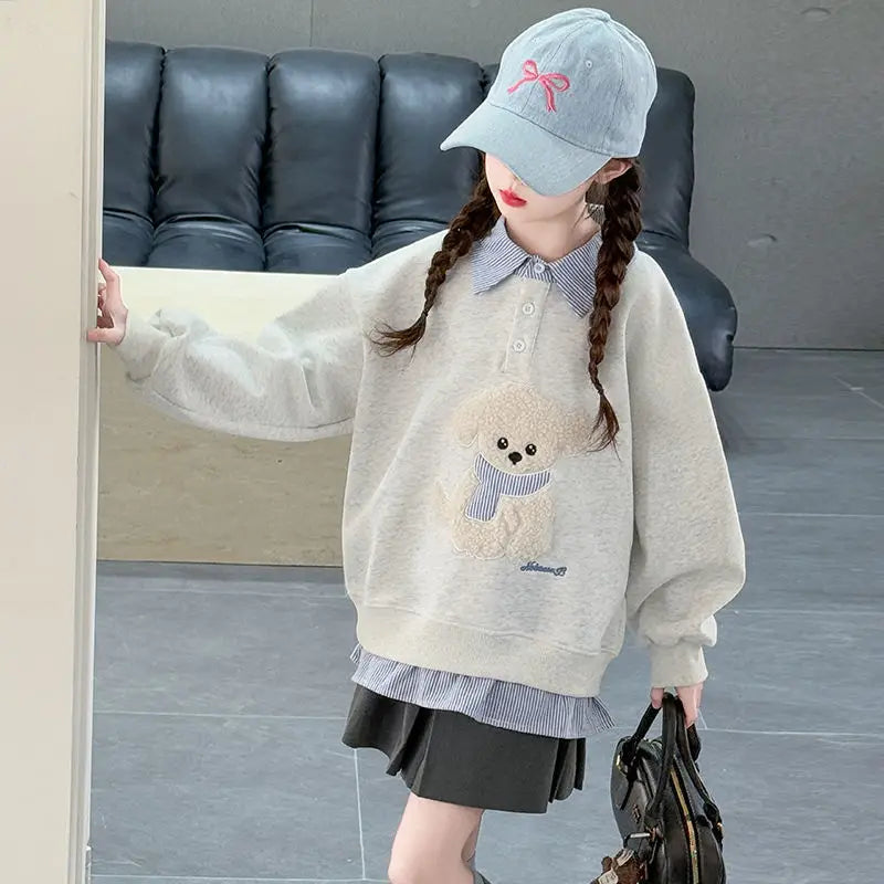 Girls Faux Two-Piece Polo Hoodie – Cartoon Puppy Sweatshirt | Sizes 120–170cm