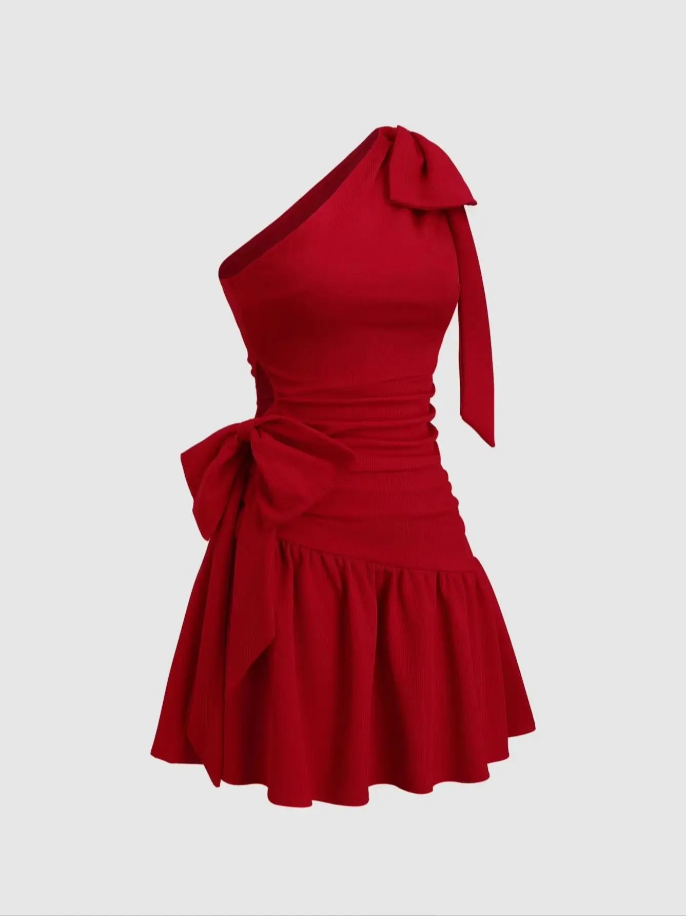 Red one shoulder bow adorned ruched short dress,Red asymmetrical strap bow slim fit dress,Red one shoulder ruffled mini dress