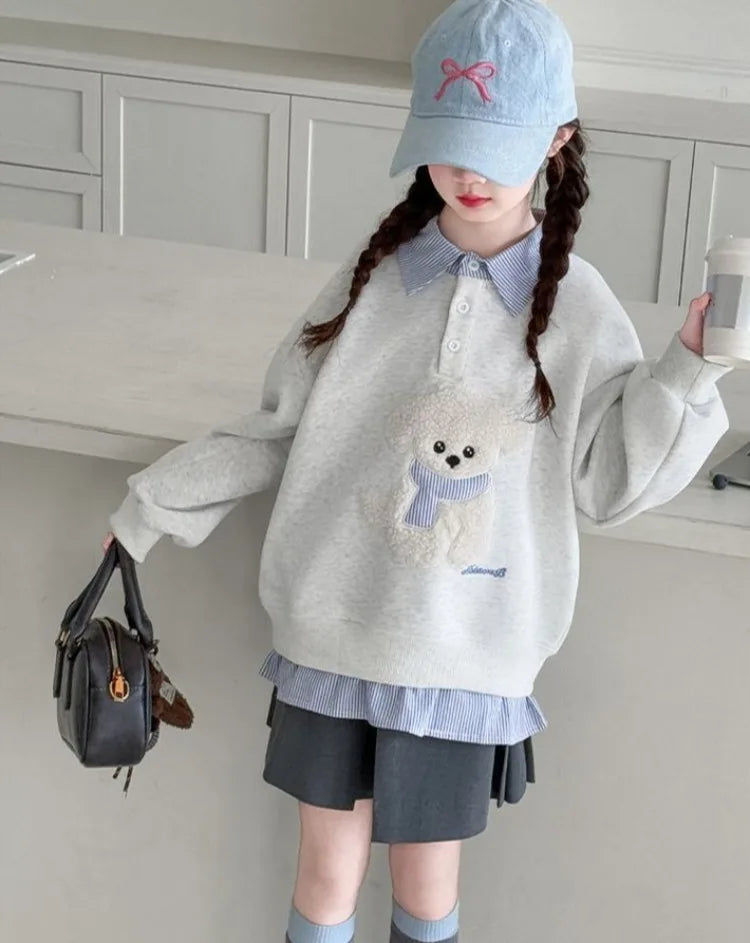 Girls Faux Two-Piece Polo Hoodie – Cartoon Puppy Sweatshirt | Sizes 120–170cm