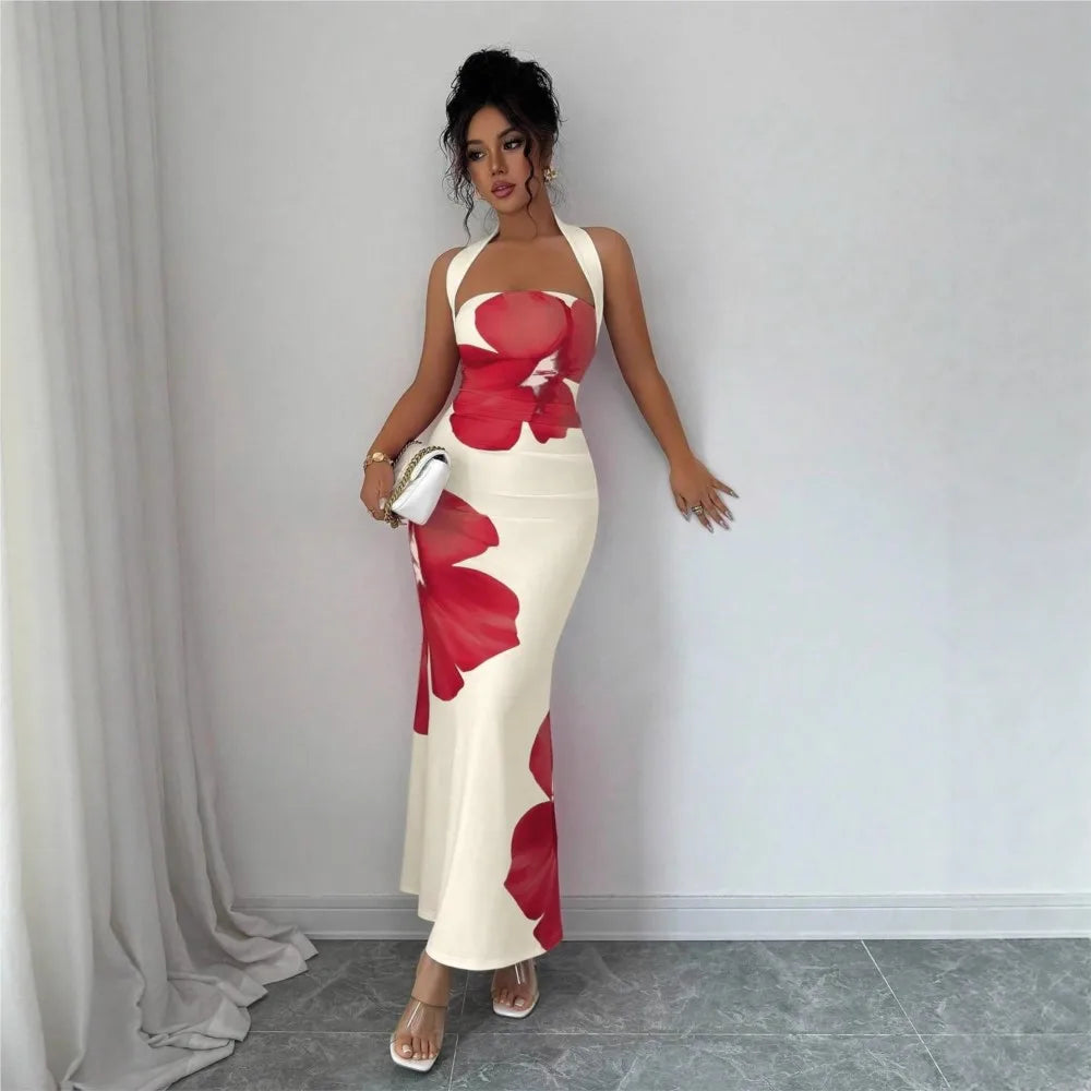 Halter Neck Printed Bodycon Dress – Sexy French Style Wedding Guest Midi Dress