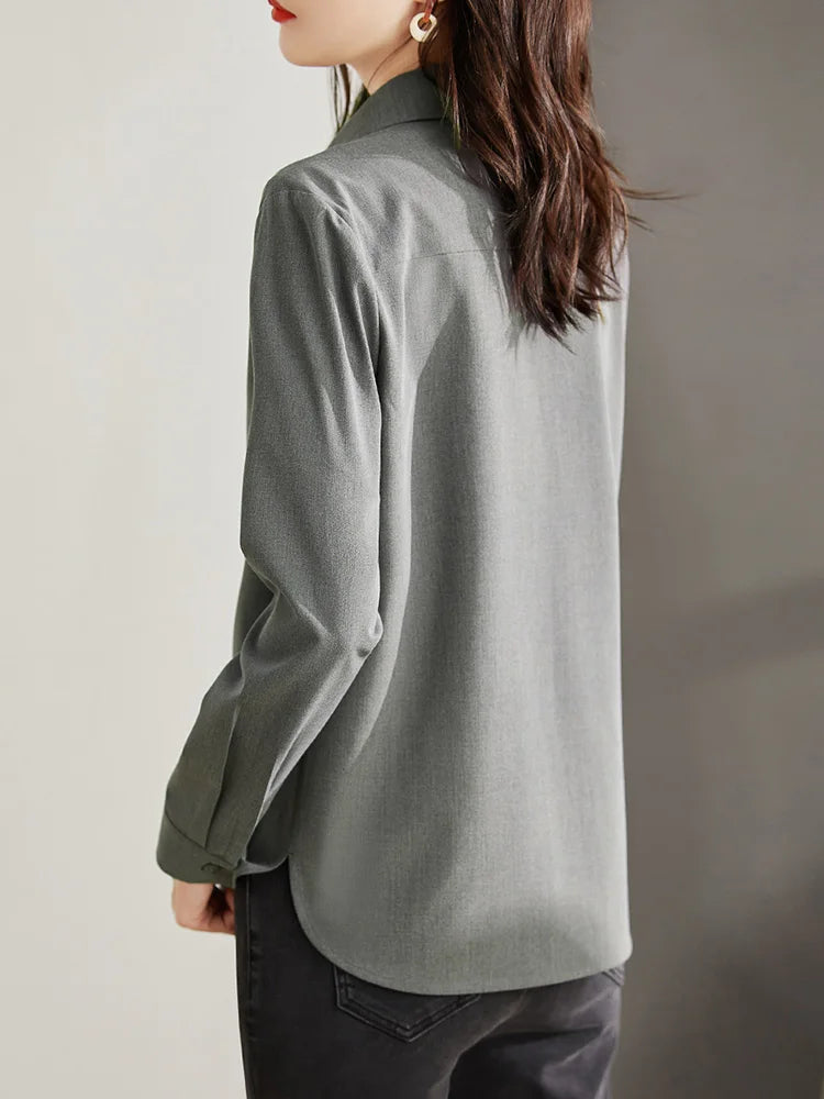 Women's Solid Long-Sleeve Office Blouse | Turn-Down Collar Regular Fit Shirt