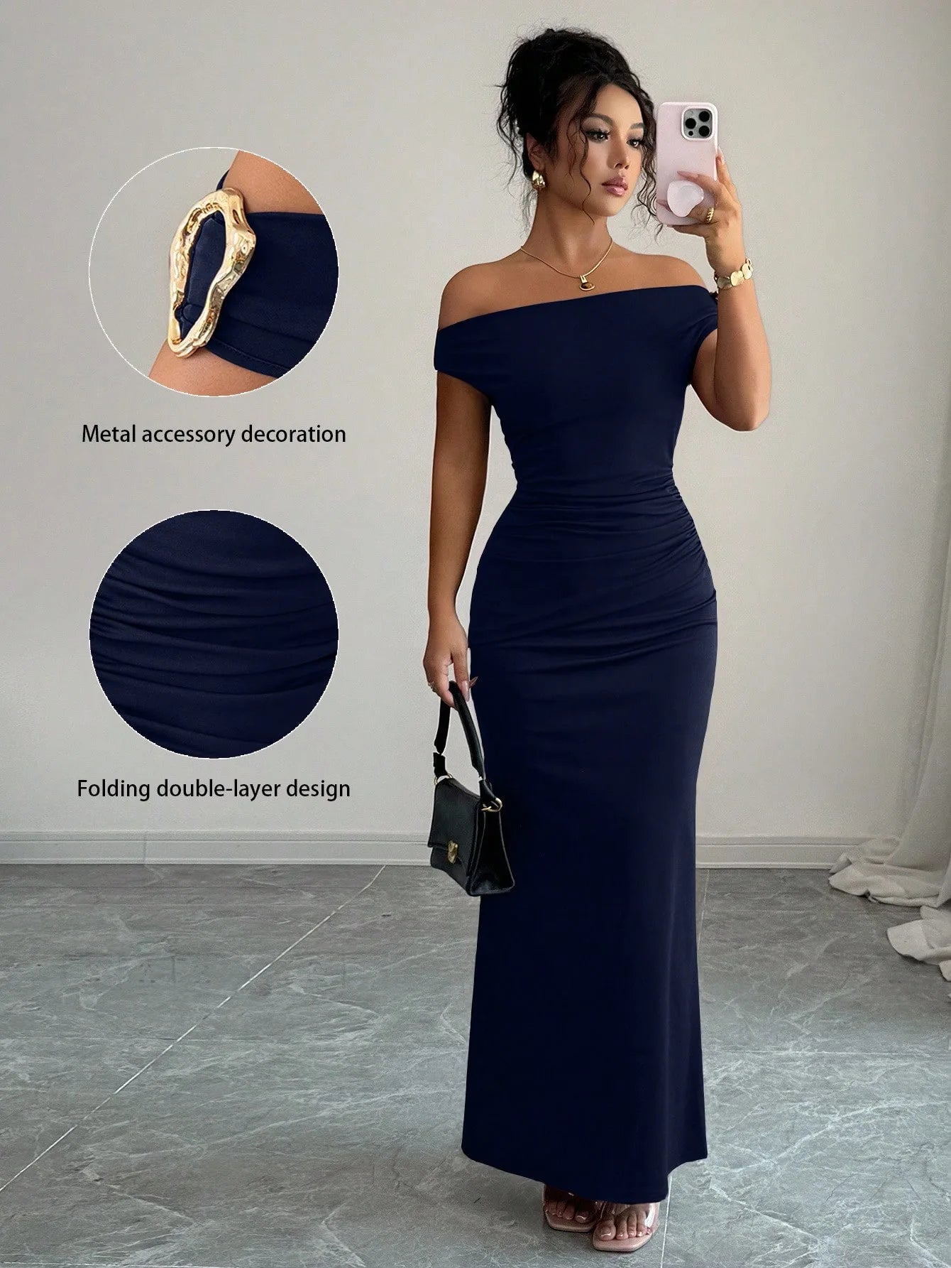 Off-Shoulder Boat Neck Evening Gown – Elegant Ankle-Length Dress for Women