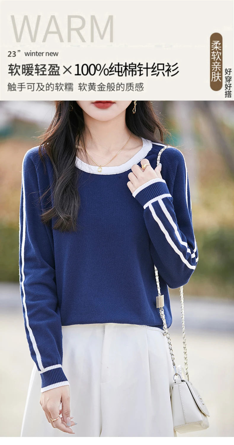 Women's Knitted Cotton Sweater – Long Sleeve Casual Top | Spring & Autumn