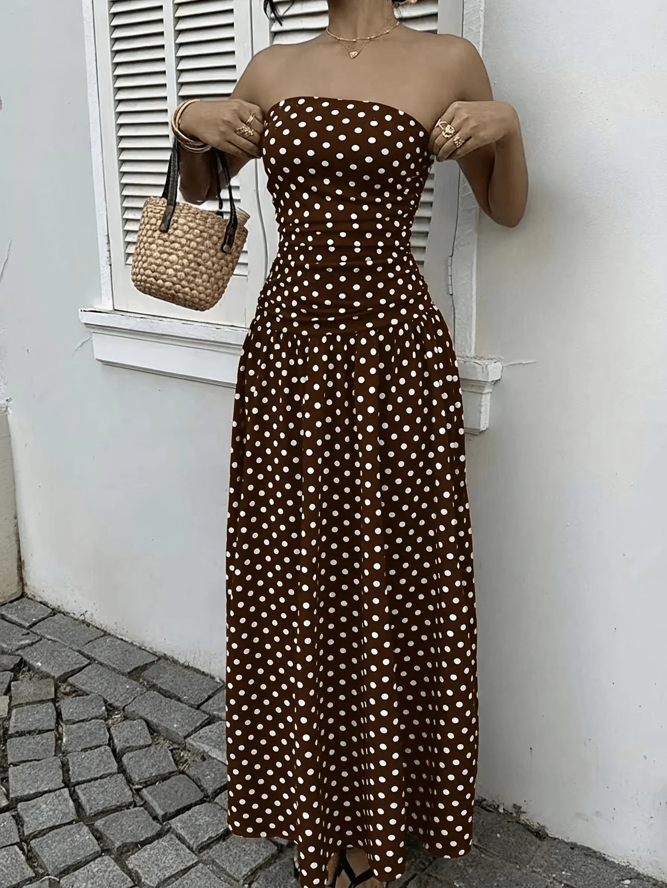 Polka Dot Print Waist-Cinching Maxi Dress – Elegant Casual Sleeveless Vest Dress
