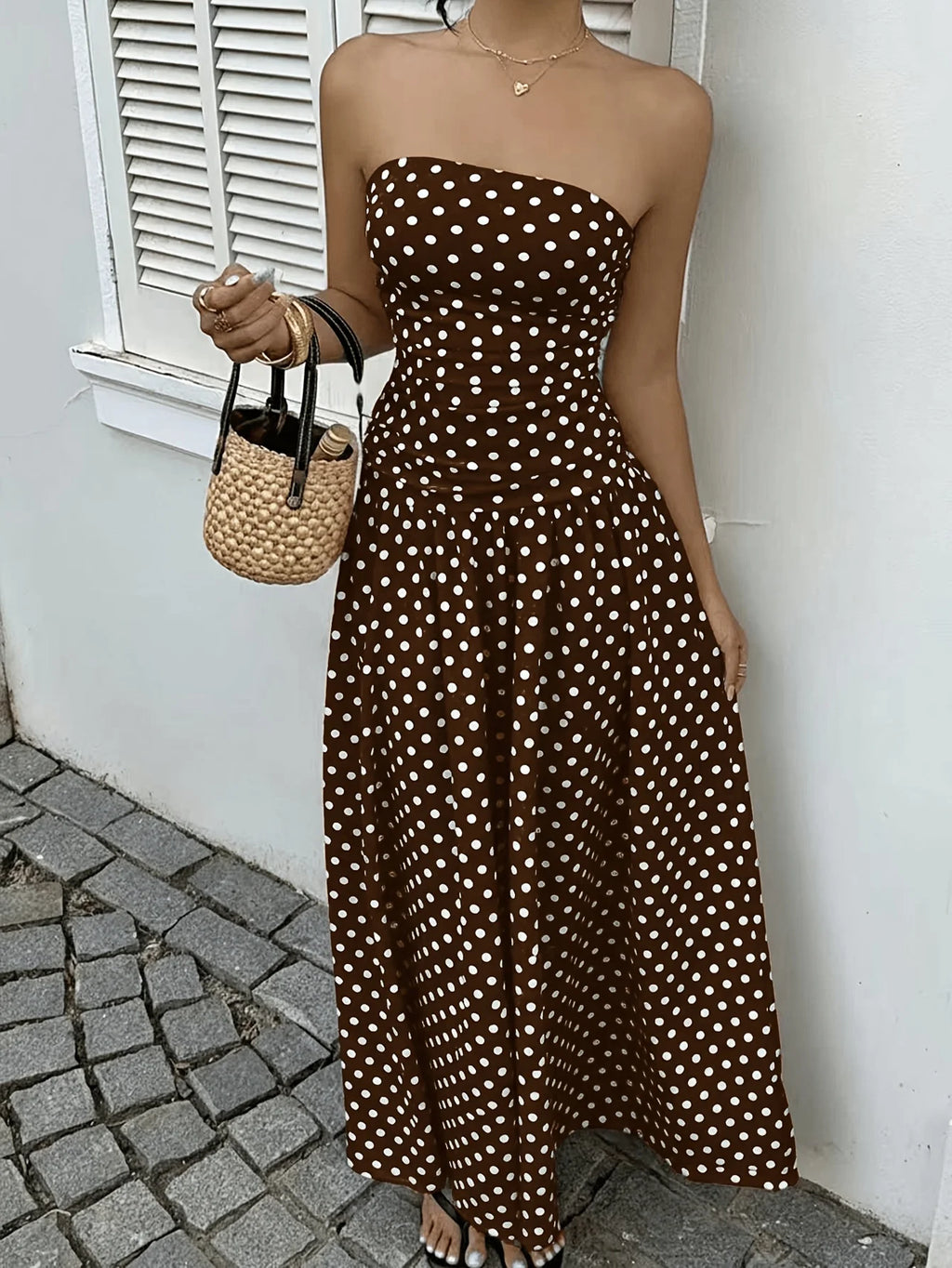 Polka Dot Print Waist-Cinching Maxi Dress – Elegant Casual Sleeveless Vest Dress