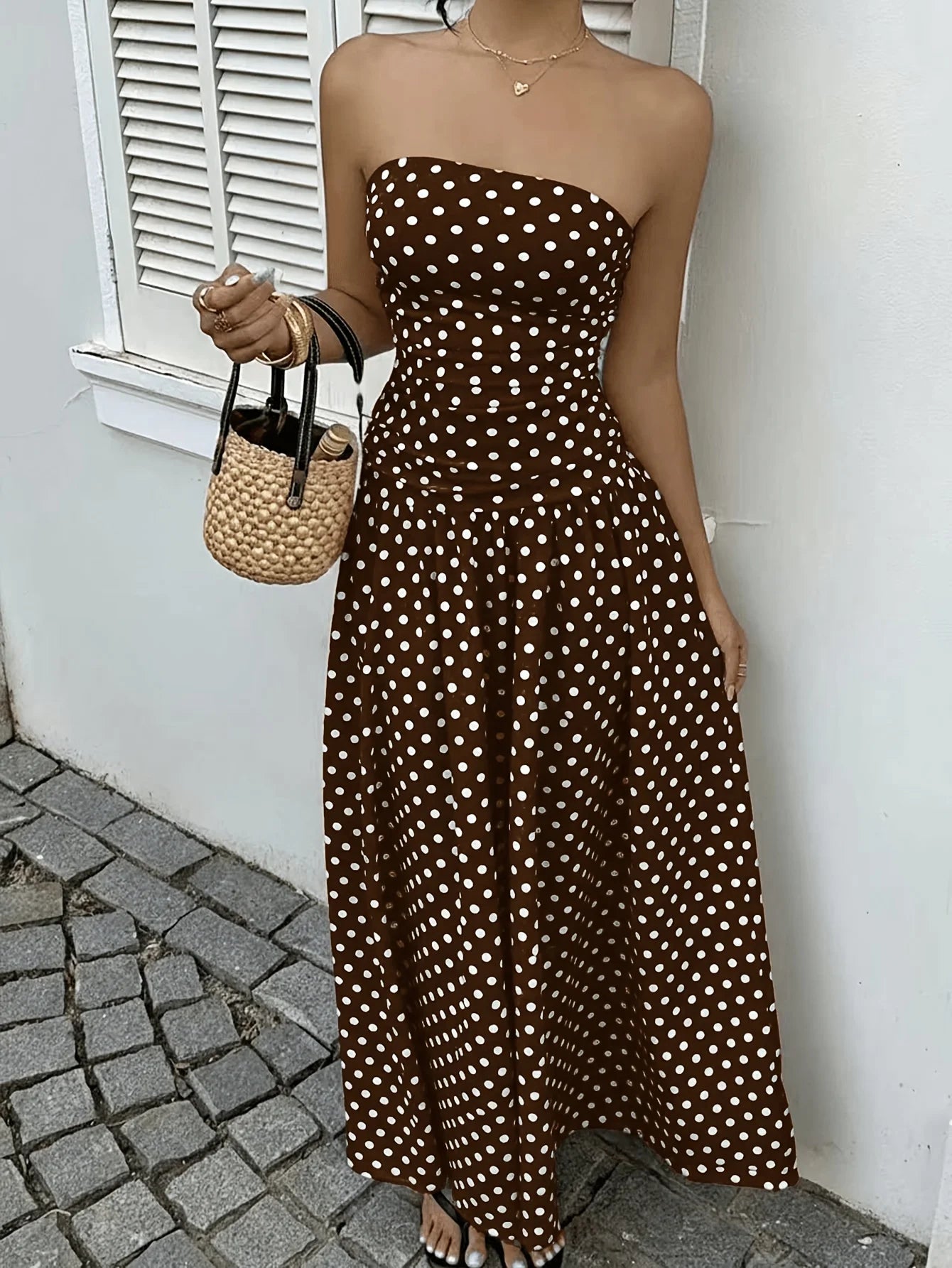 Polka Dot Print Waist-Cinching Maxi Dress – Elegant Casual Sleeveless Vest Dress