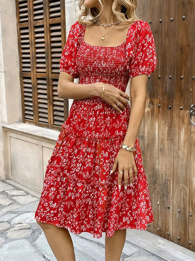 Red Backless Mini Dress – Women's Streetwear Short Sleeve Print Slim Casual Dress
