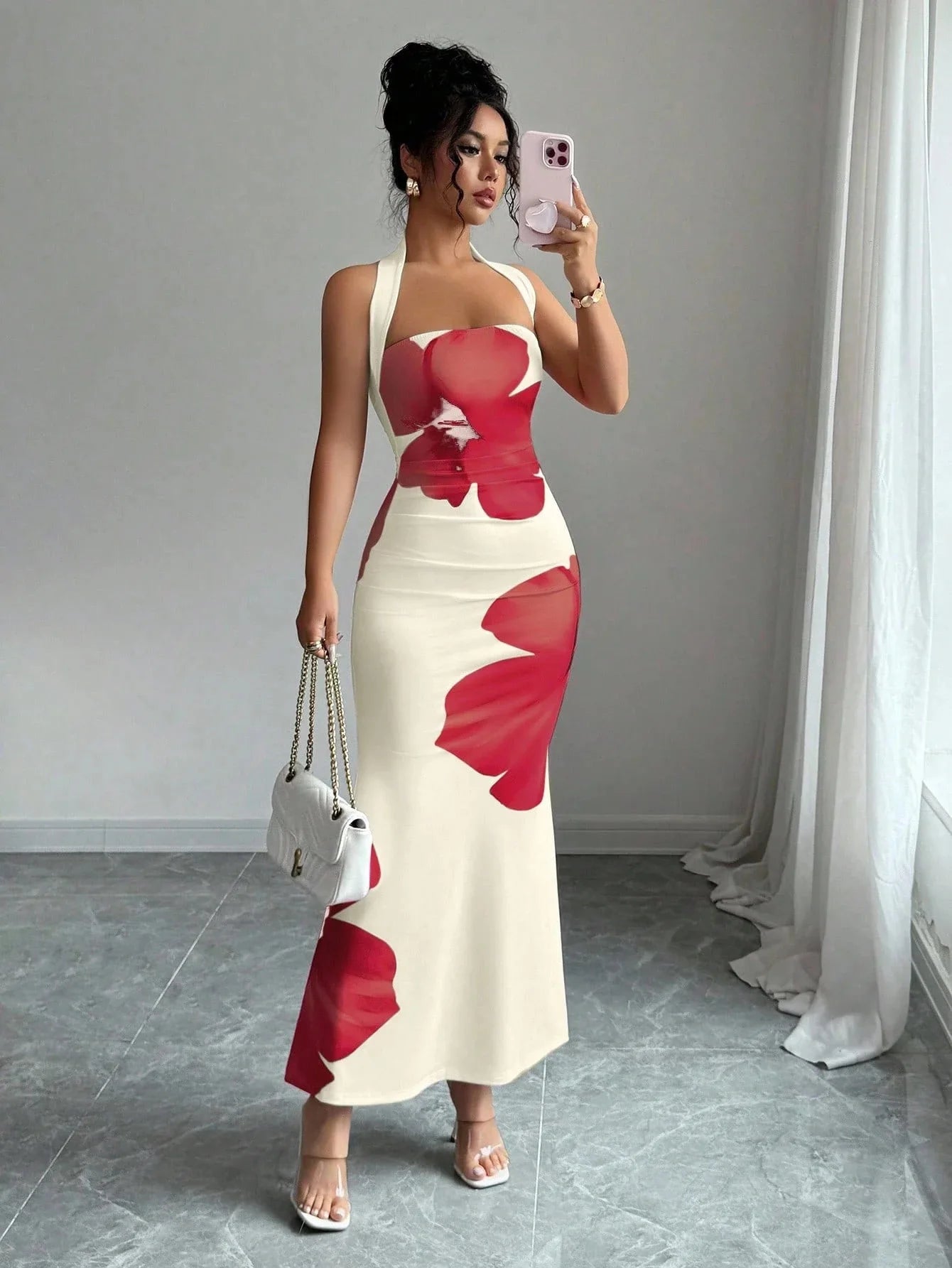 Halter Neck Printed Bodycon Dress – Sexy French Style Wedding Guest Midi Dress