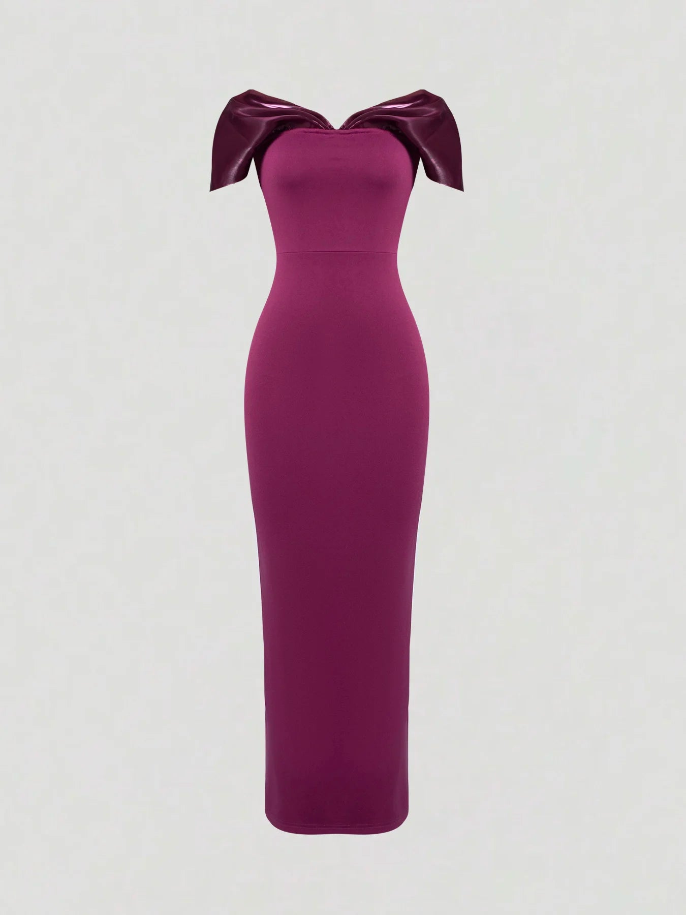 Off-Shoulder Cap Sleeve Plum Satin-Trim Bodycon Maxi Dress – Elegant Party Dress