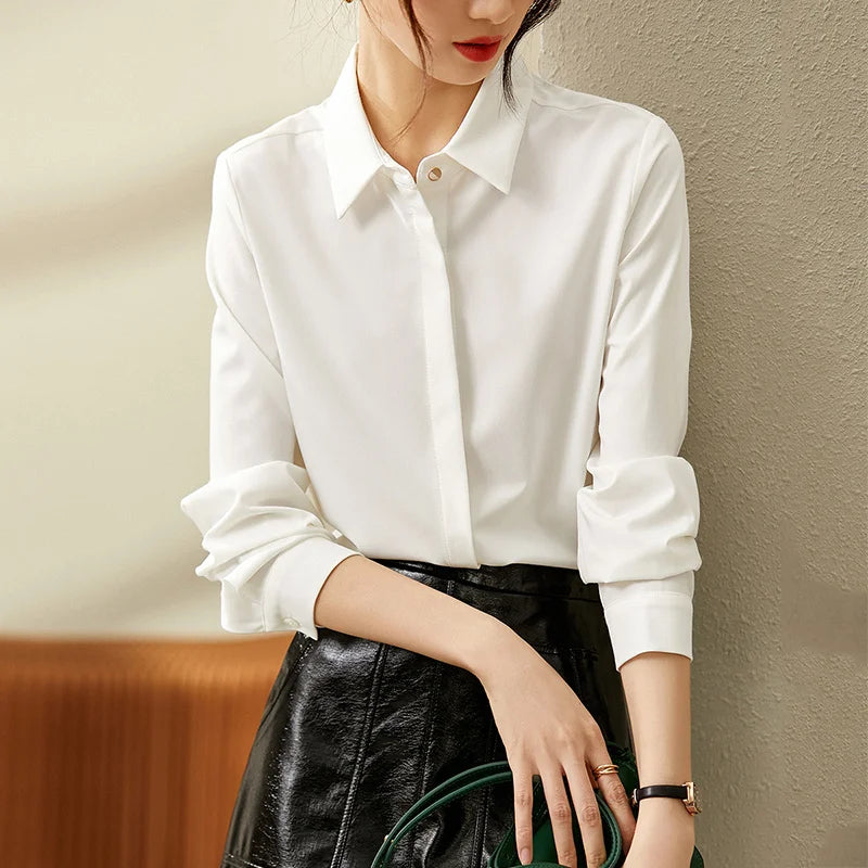 Women's Solid Long-Sleeve Office Blouse | Turn-Down Collar Regular Fit Shirt
