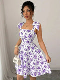 Ditsy Floral A-Line Dress – Shoulder Tie Bow Waisted Mini Summer Dress