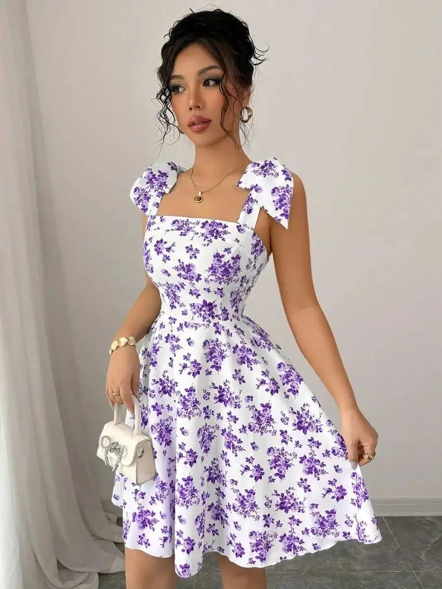 Ditsy Floral A-Line Dress – Shoulder Tie Bow Waisted Mini Summer Dress
