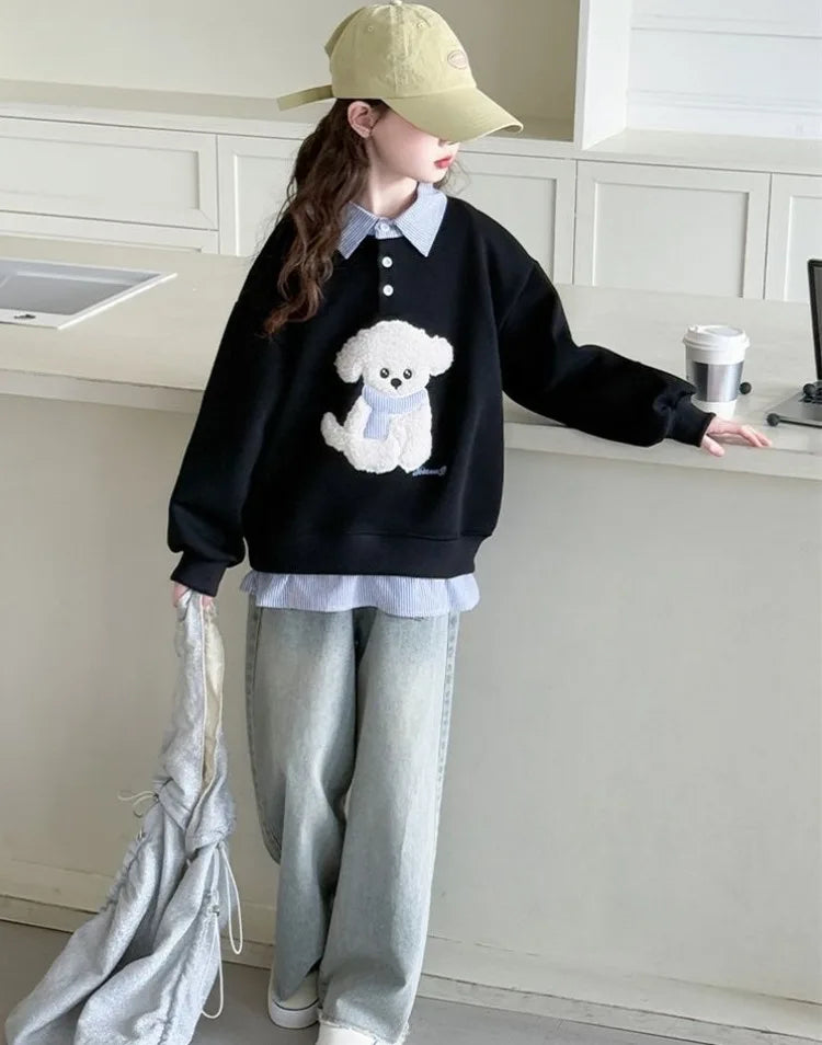 Girls Faux Two-Piece Polo Hoodie – Cartoon Puppy Sweatshirt | Sizes 120–170cm