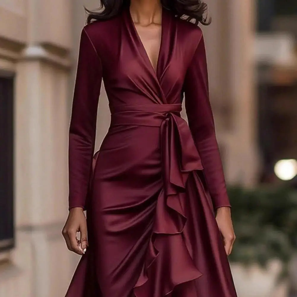 Satin V-Neck Ruffle Long Sleeve Wrap Dress – Formal Cocktail & Wedding Guest Dress