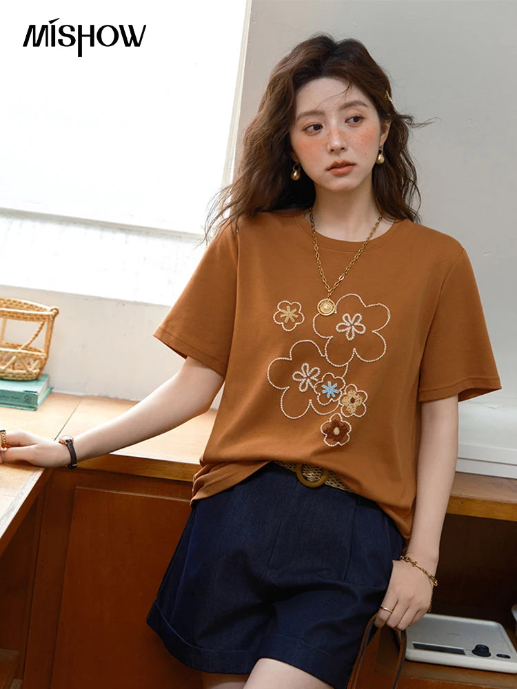 Women's Floral Print Drop-Shoulder Short Sleeve Top | Casual Versatile O-Neck Tee