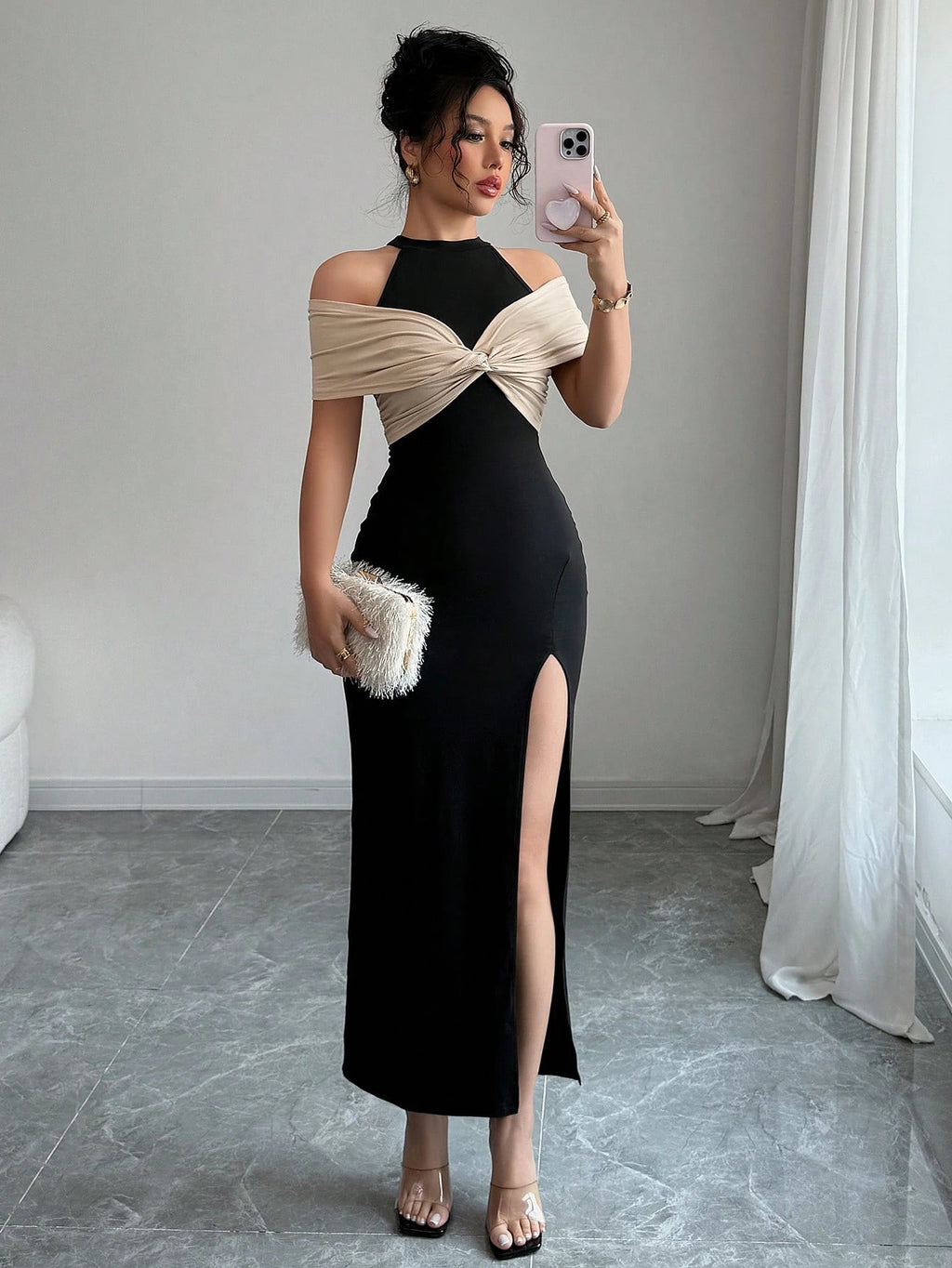 Halter Maxi Dress – Off Shoulder Twist Knot High Slit Bodycon Party Dress