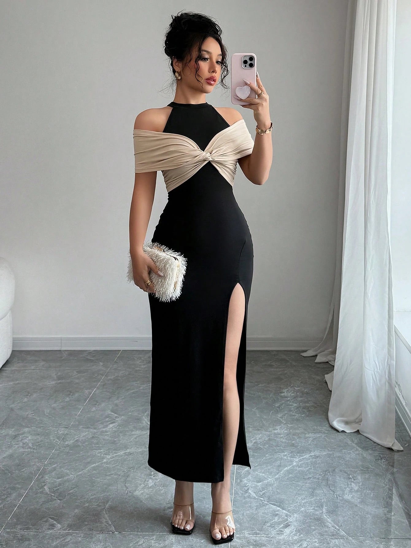 Halter Maxi Dress – Off Shoulder Twist Knot High Slit Bodycon Party Dress