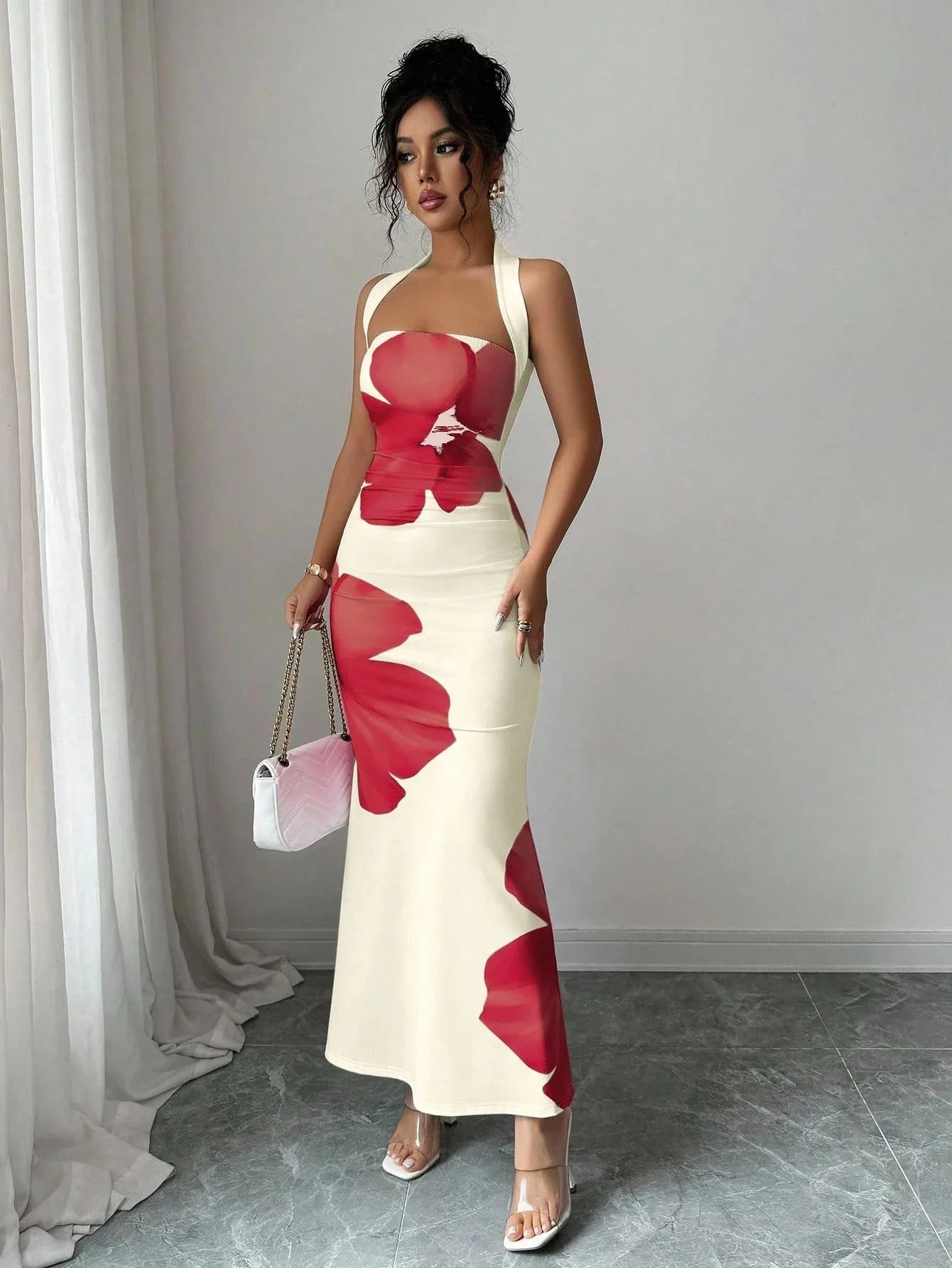 Halter Neck Printed Bodycon Dress – Sexy French Style Wedding Guest Midi Dress