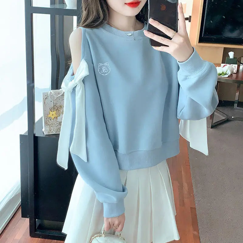 Women's Off-Shoulder Pullover Sweatshirt – Korean Harajuku Style | Pink & Blue