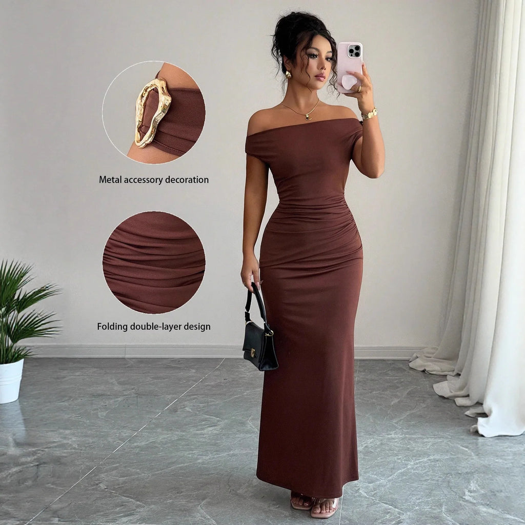 Off-Shoulder Boat Neck Evening Gown – Elegant Ankle-Length Dress for Women
