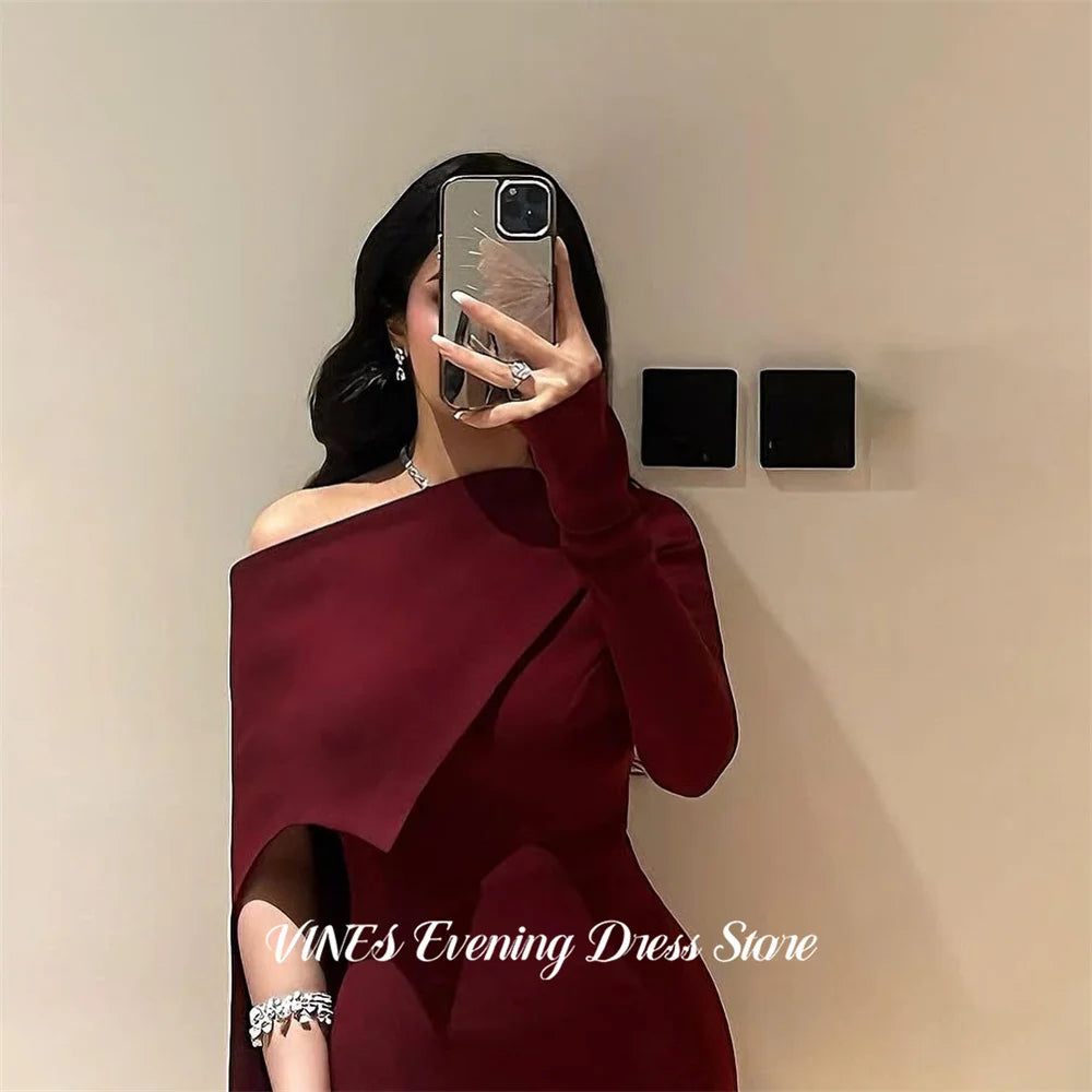 Burgundy Mermaid Prom Gown – Asymmetric Off-Shoulder Floor-Length Evening Dress