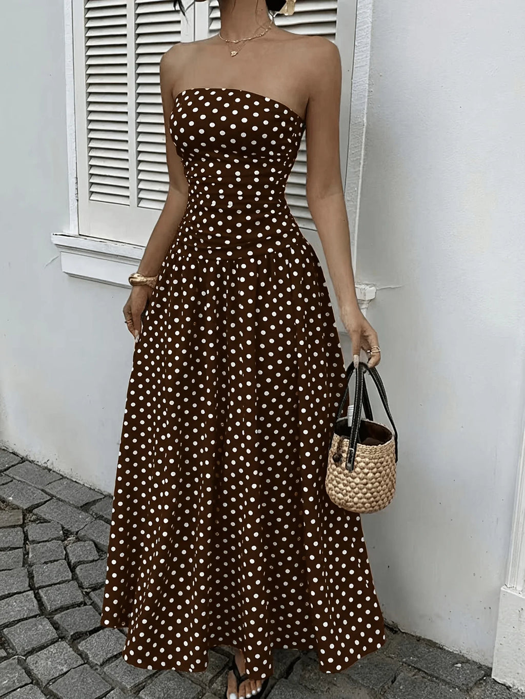 Polka Dot Print Waist-Cinching Maxi Dress – Elegant Casual Sleeveless Vest Dress