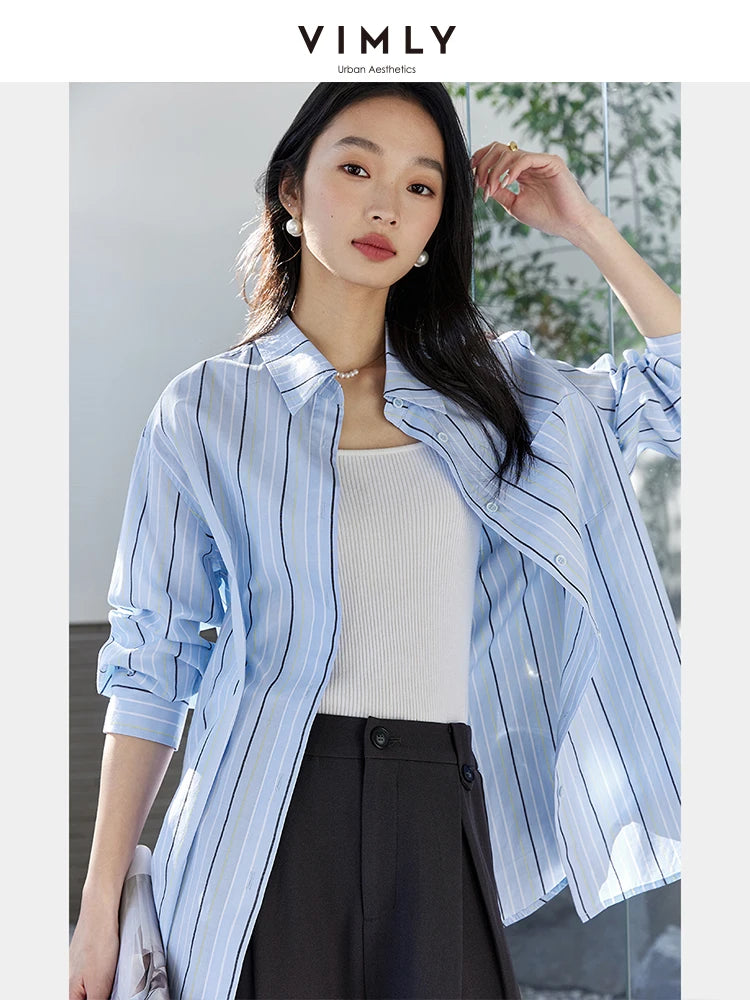 Women's 100% Cotton Striped Blouse | Loose Fit Drop-Shoulder Long Sleeve Top