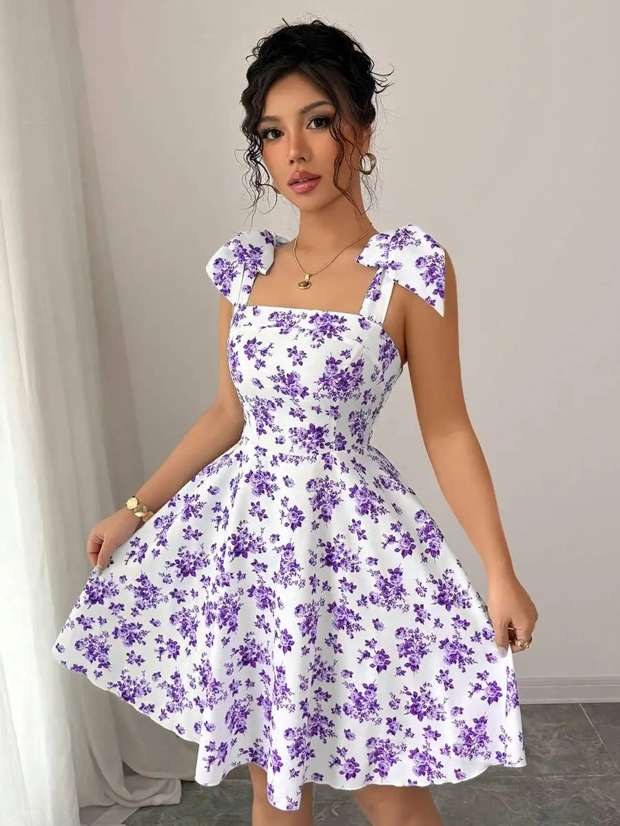 Ditsy Floral A-Line Dress – Shoulder Tie Bow Waisted Mini Summer Dress