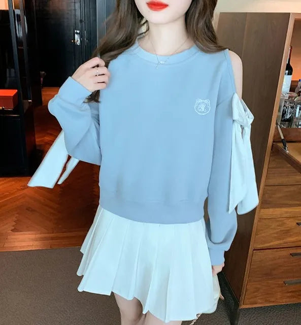 Women's Off-Shoulder Pullover Sweatshirt – Korean Harajuku Style | Pink & Blue