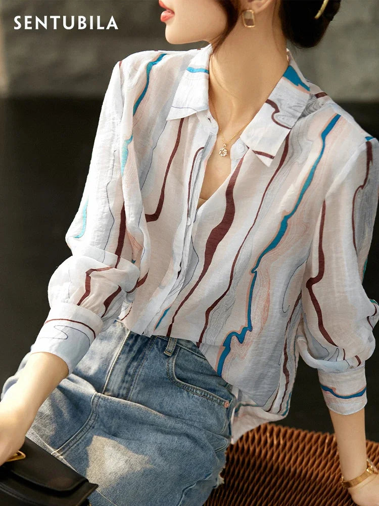 Women's Sheer Printed Chiffon Blouse | Long Sleeve Office Lady Top