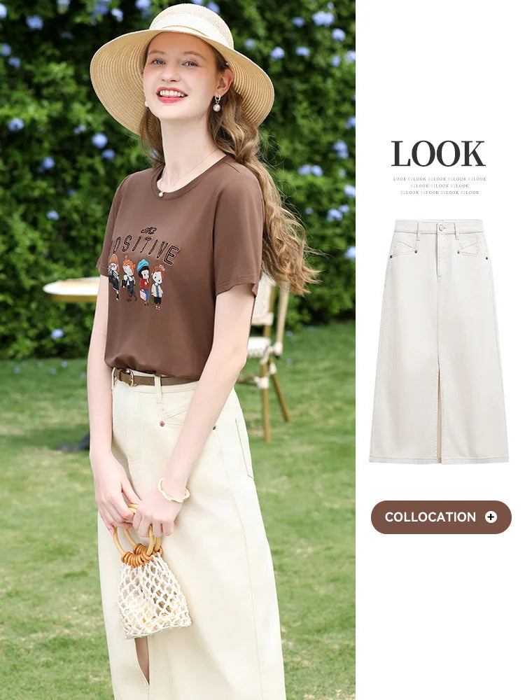Women's Letter Embroidery Cotton T-Shirt | Casual Cool Short Sleeve Cartoon Print Top