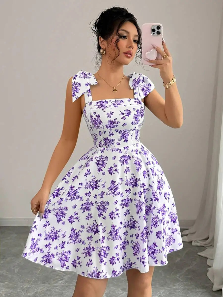Ditsy Floral A-Line Dress – Shoulder Tie Bow Waisted Mini Summer Dress