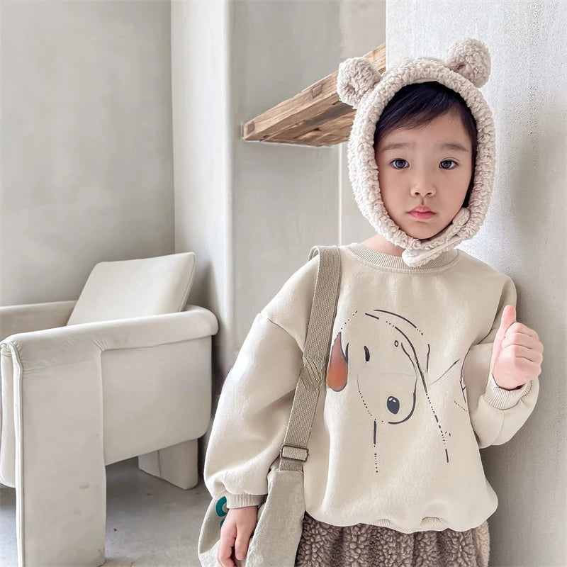Kids Fleece-Lined Dog Print Sweatshirt – Warm Cotton Pullover for Boys & Girls | Ages 1–6