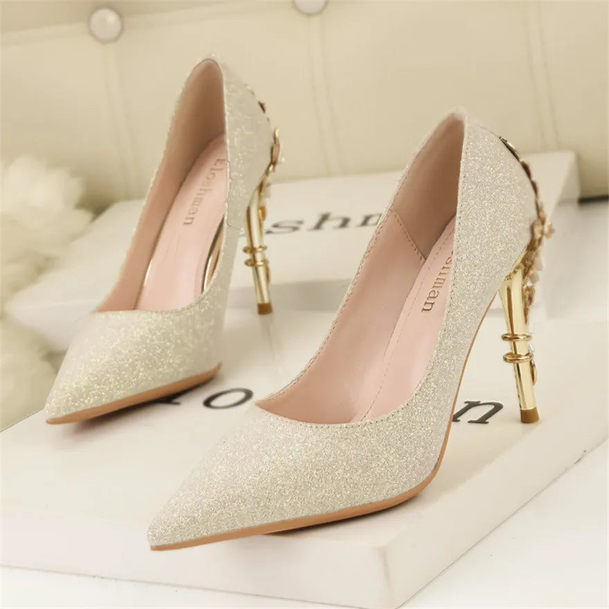 Women's Sequin Metal Flower Stiletto Pumps – Shiny Wedding High Heels