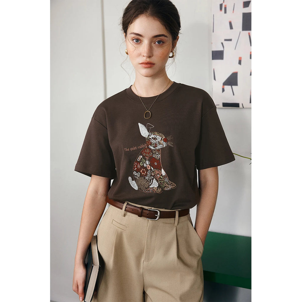 Women's Heavy Embroidery Oversized T-Shirt | Casual Crew Neck Cotton Tee
