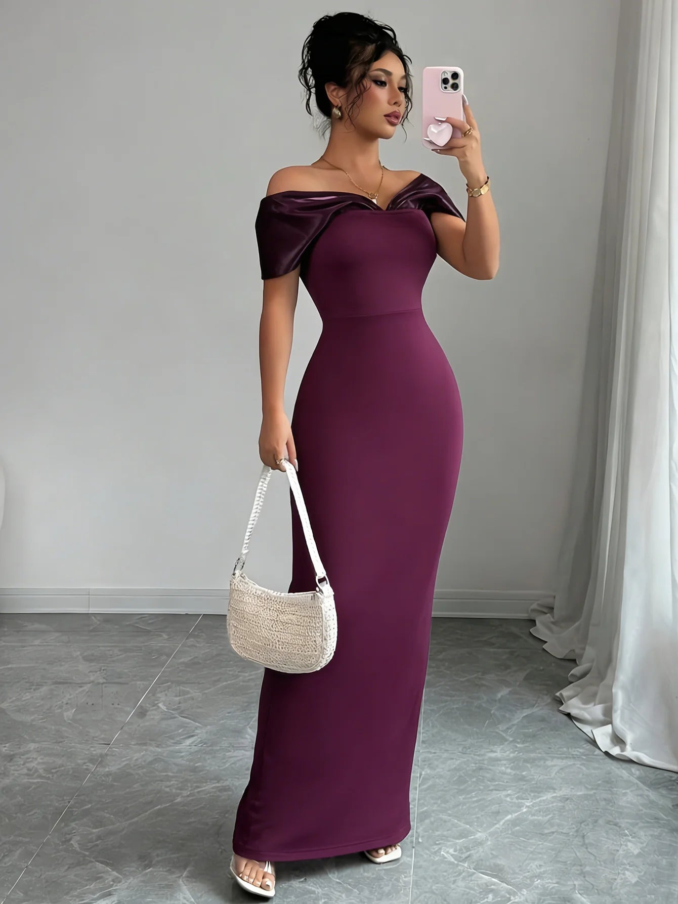 Off-Shoulder Cap Sleeve Plum Satin-Trim Bodycon Maxi Dress – Elegant Party Dress