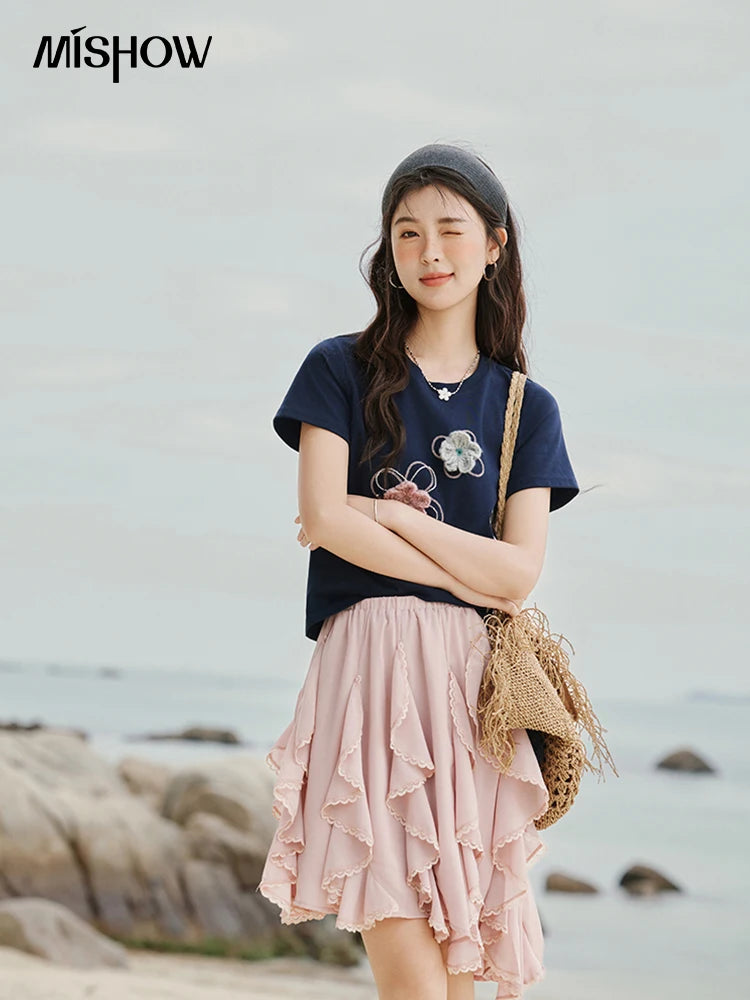 Women's Flower Beaded Short Sleeve Top | Casual Floral Embroidery Round Neck Tee