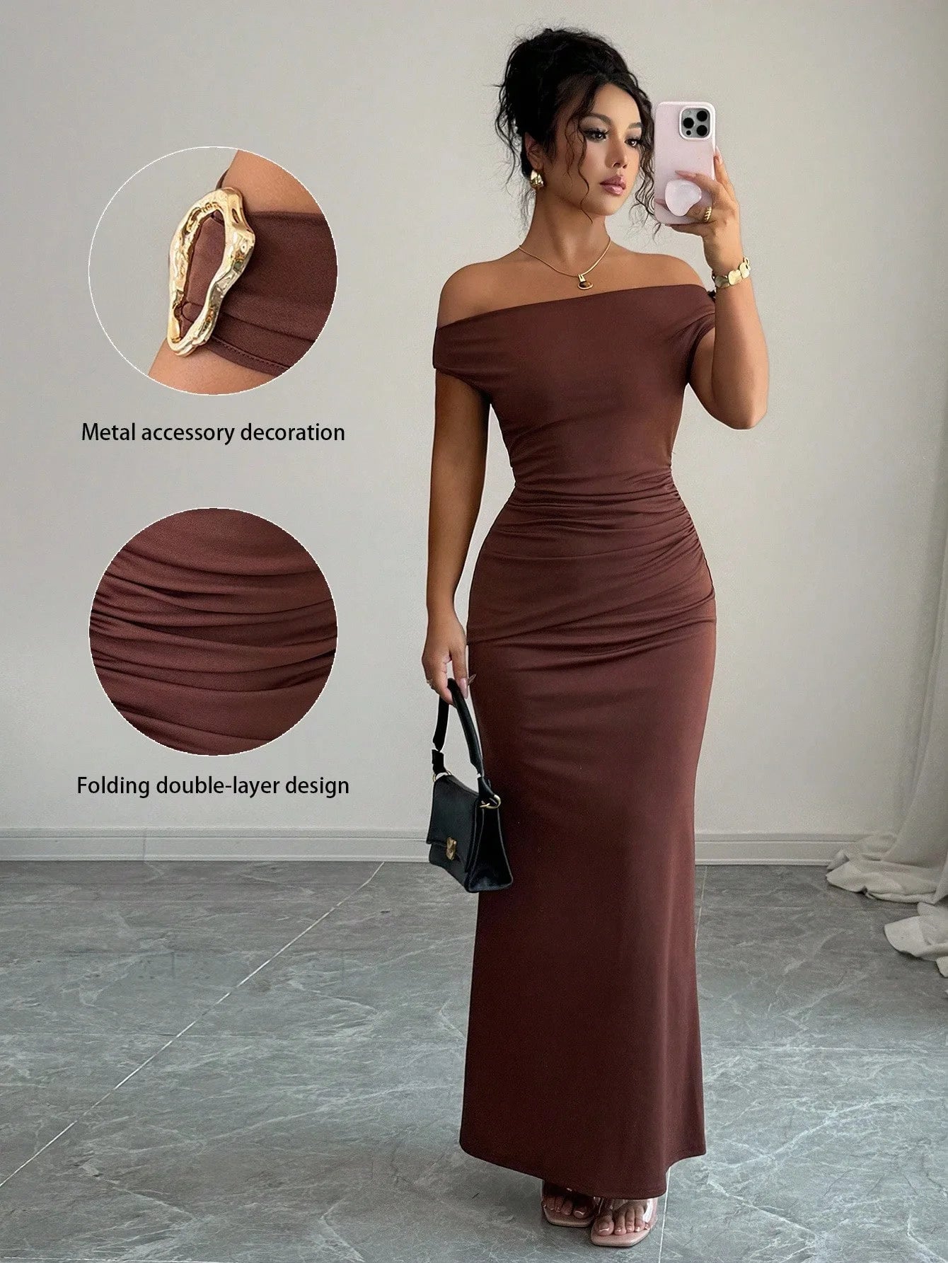 Off-Shoulder Boat Neck Evening Gown – Elegant Ankle-Length Dress for Women