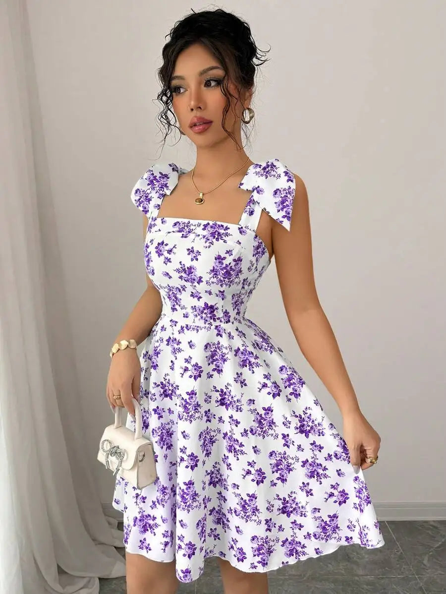 Ditsy Floral A-Line Dress – Shoulder Tie Bow Waisted Mini Summer Dress