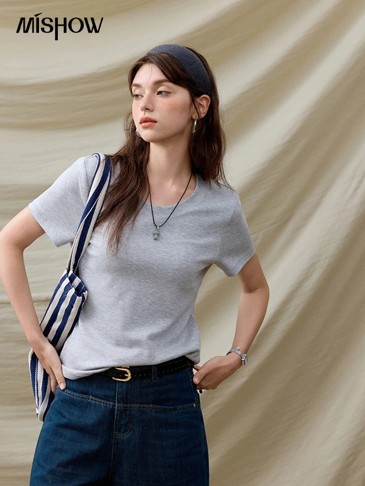 Women's Solid Straight Shoulder Short Sleeve Top | Casual Slimming Round Neck Tee