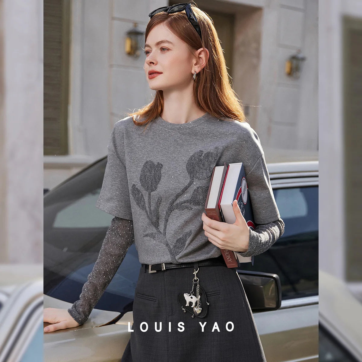 Women's Bouquet Print Layered-Look Long Sleeve Top | British Style Crew Neck Pullover