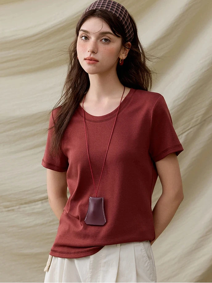Women's Solid Straight Shoulder Short Sleeve Top | Casual Slimming Round Neck Tee