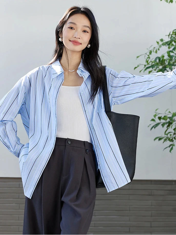 Women's 100% Cotton Striped Blouse | Loose Fit Drop-Shoulder Long Sleeve Top