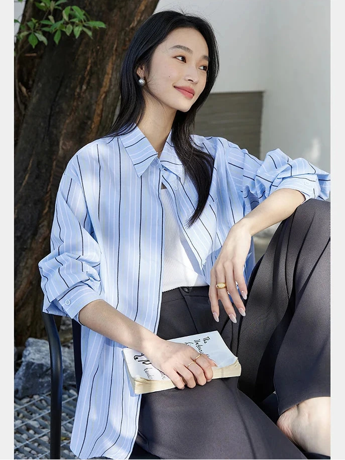Women's 100% Cotton Striped Blouse | Loose Fit Drop-Shoulder Long Sleeve Top